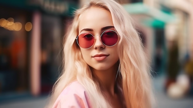 Una chica con gafas de sol rosas se para frente a una tienda.