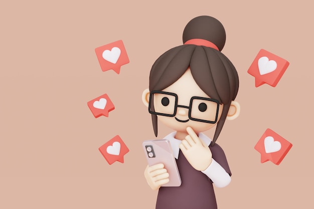 chica con gafas sosteniendo un smartphone con burbujas de amor a su alrededor 3d render, 3d ilustración
