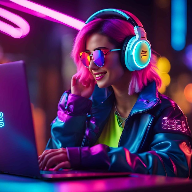 Foto chica gamer con laptop y audifonos de frentes em onriupscaled.