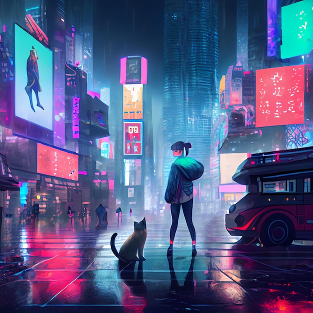 Chica con gato en ciudad cyberpunk