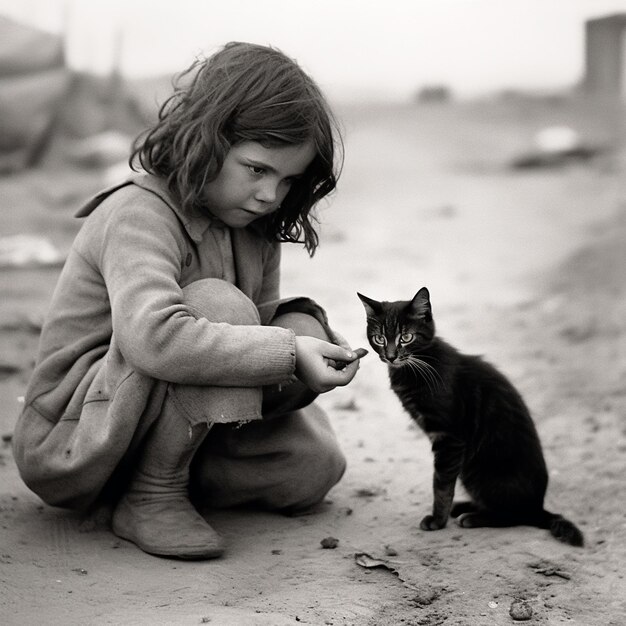 Una chica y un gato están en la playa, uno de los cuales es un gato.