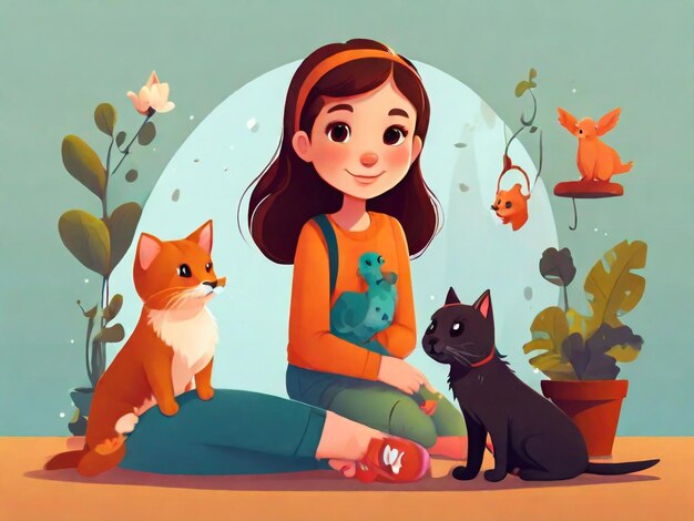 una chica con un gato y un gato en el fondo