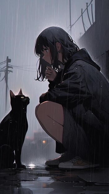 Foto una chica con un gato negro en la lluvia