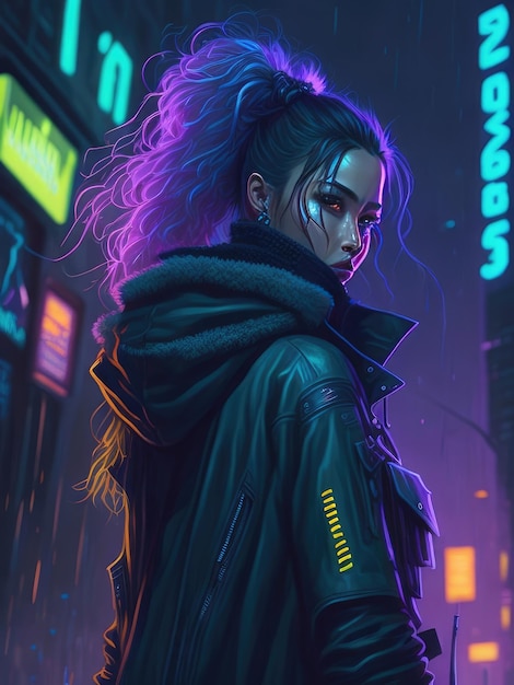 Foto chica genial en una ciudad cyberpunk en ropa de calle