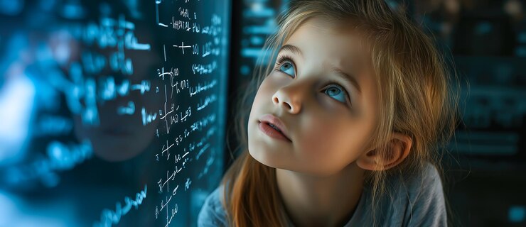 Una chica genio se sienta profundamente en el pensamiento generativo Ai
