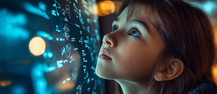 Foto una chica genio se sienta profundamente en el pensamiento generativo ai