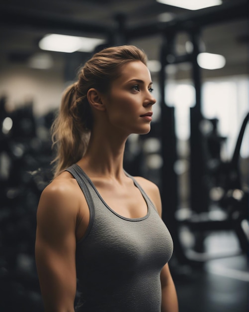 Chica en el gimnasio con aparatos de fitness.