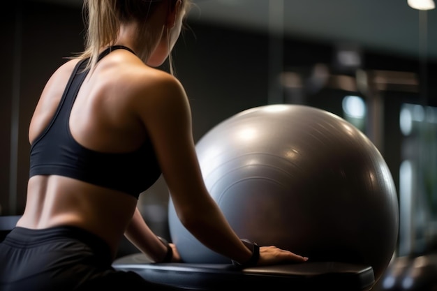 Chica en el gimnasio haciendo ejercicios con una pelota de fitness generativa ai