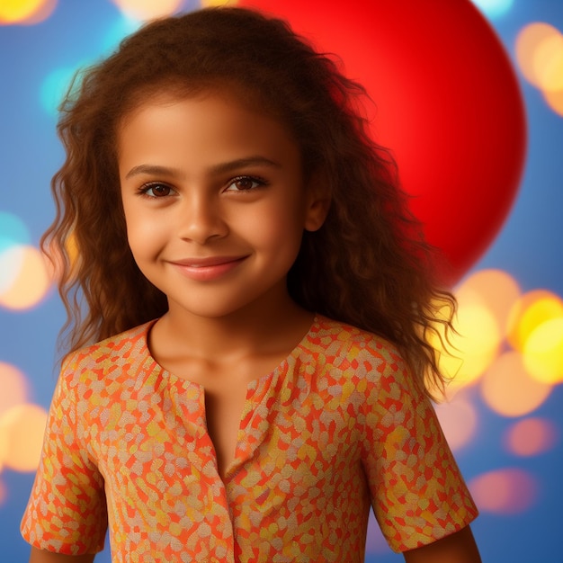 Una chica con un globo rojo al fondo.