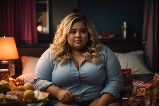 Foto chica gorda comiendo comida chatarra en un restaurante de comida rápida