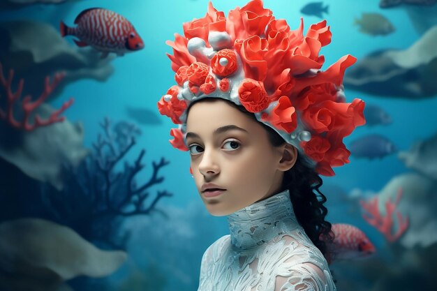 Foto una chica con una gorra con corales vive bajo el agua, nada con peces, mundo submarino