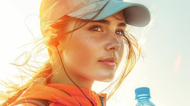 Una chica con una gorra va a dar un paseo con una botella de agua en la mano y un fondo blanco en esta ilustración moderna de deportes