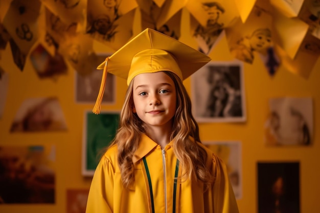 Una chica con una gorra de graduación con las palabras graduación en la pared detrás de ella