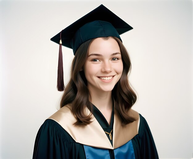 una chica con una gorra de graduación y una túnica sonríe para la cámara