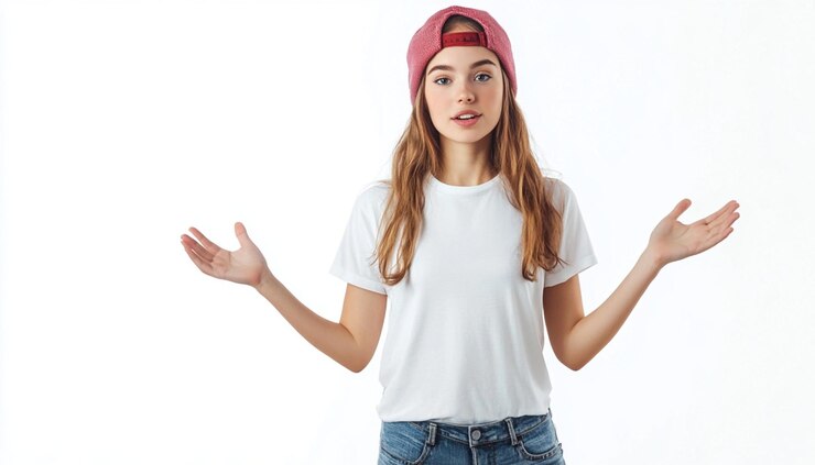 una chica con una gorra roja y una camiseta blanca con una camisa blanca que dice im una chica