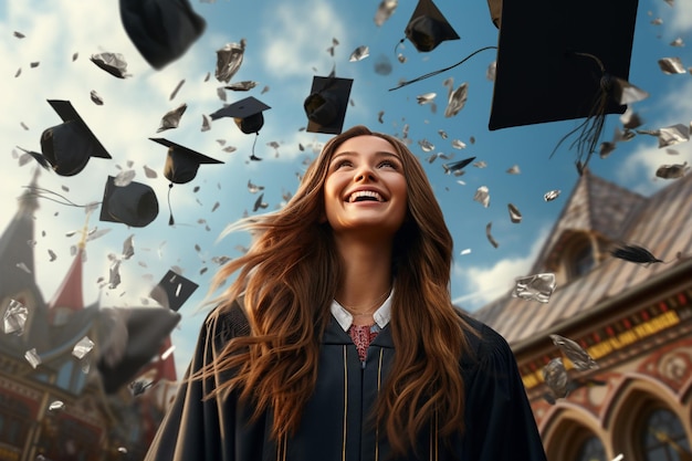 Chica graduada feliz con gorra y bata con los ojos cerrados contra el fondo del cielo