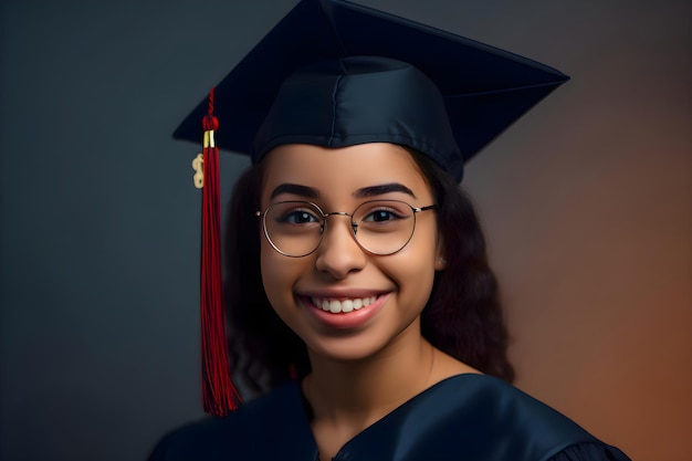 Una chica graduada con gorras de graduación sonriendo sobre un fondo azul IA generativa