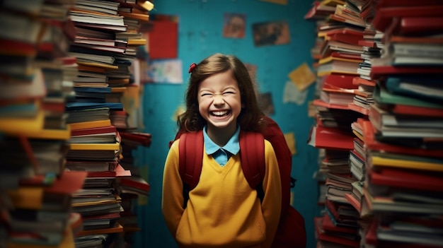 chica con una gran sonrisa y libros alrededor