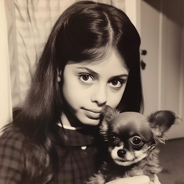 Una chica con grandes ojos negros y saltones sostiene a un chihuahua en sus brazos. El dueño y la mascota son similares.