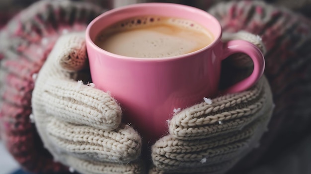 Chica con guantes tejidos sosteniendo una taza de café caliente en el invierno afuera