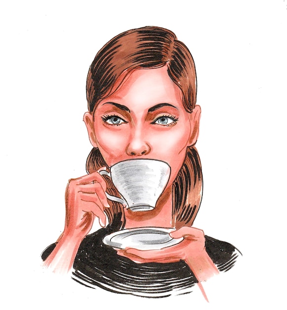 Chica guapa bebiendo una taza de café. Dibujo a tinta y acuarela