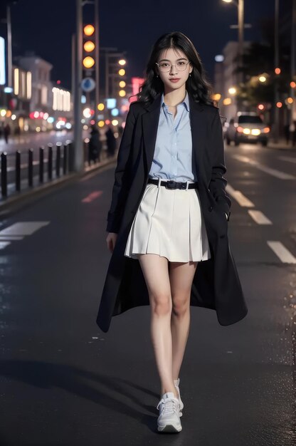 Una chica guapa con camisa y falda con abrigo y zapatillas camina por la calle por la noche