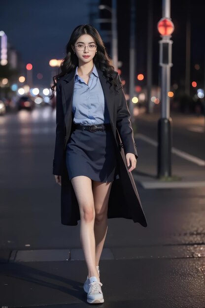 Una chica guapa con camisa y falda con abrigo y zapatillas camina por la calle por la noche