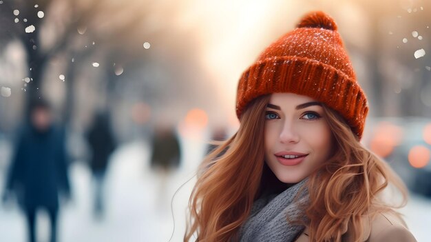 Chica guapa con un gorro y una bufanda en una calle de invierno