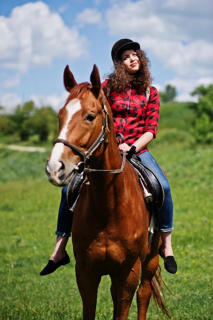 Chica guapa joven montando un caballo en un campo en un día soleado