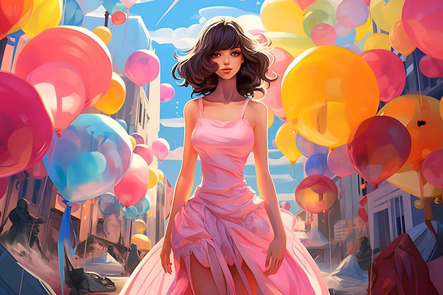 Una chica guapa paseando por la ciudad rodeada de globos de colores
