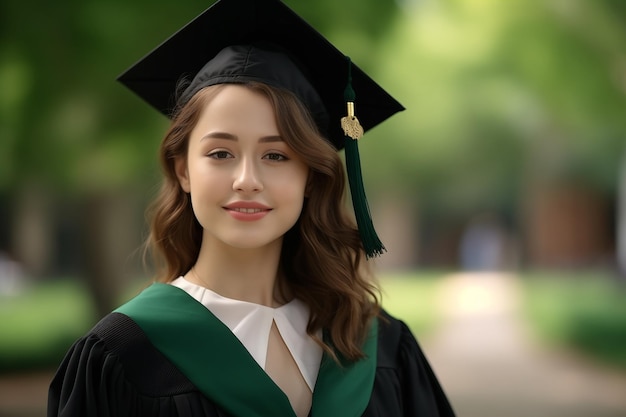 Chica guapa en su día de graduación con traje y gorra de graduación y posando frente a la universidad