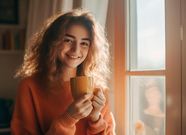 Chica guapa tomando café con taza de café3