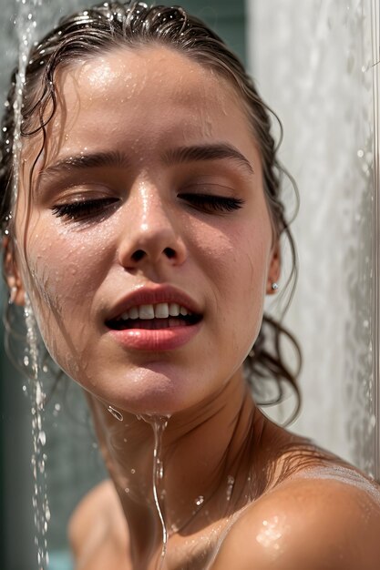 Foto una chica guapa tomando una ducha.