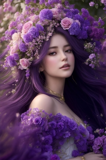 Una chica guapa con un vestido de flores moradas.