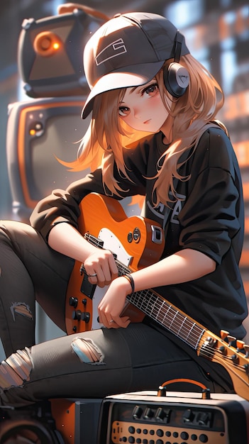 Chica de guitarra soñadora con estética anime Dibujos animados kawaii japoneses con arte digital