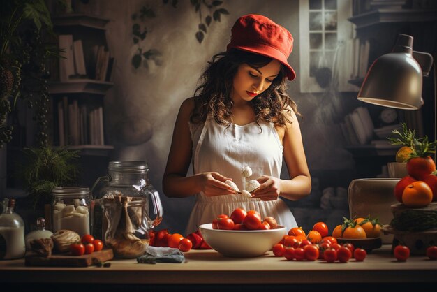 la chica hace comida en su cocina