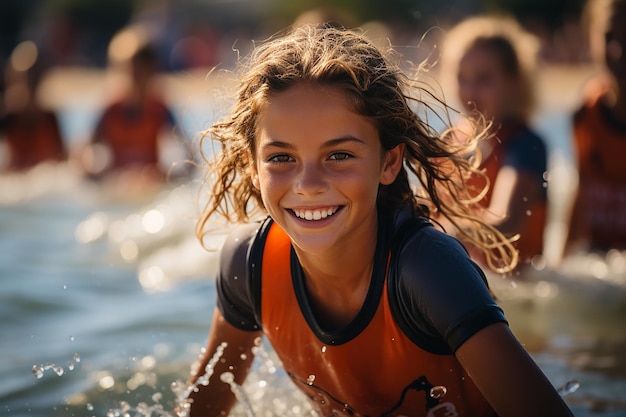 Una chica hace deportes acuáticos en el verano en la escuela de surf