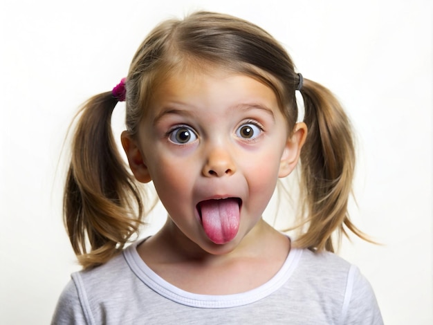 Foto una chica haciendo una expresión curiosa con la lengua fuera y la cabeza inclinada