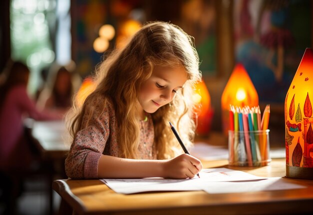 Foto chica haciendo la tarea en una mesa con lápices