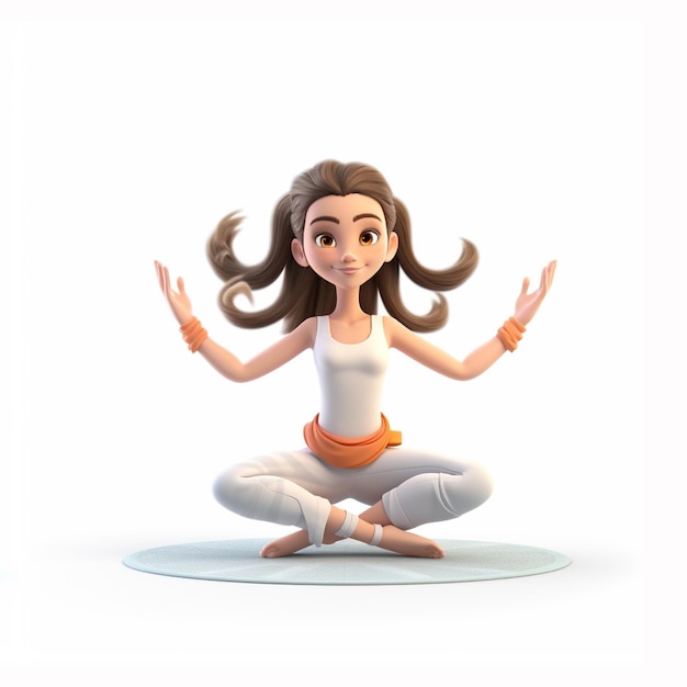 Foto chica haciendo yoga en estilo 3d de dibujos animados aislada sobre un fondo blanco