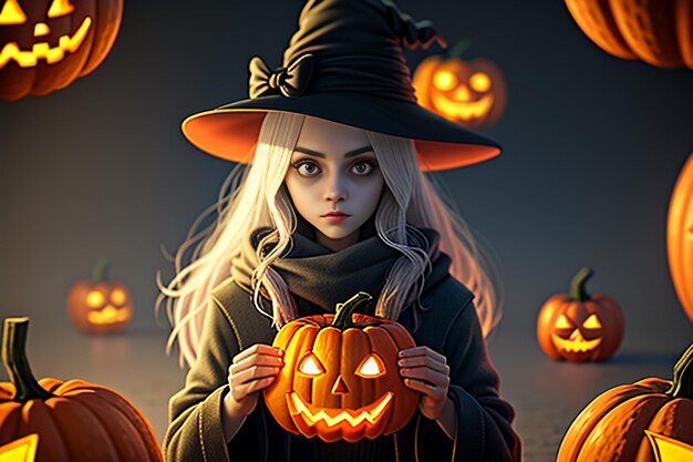 Chica de Halloween dando regalo de Halloween Evento Fondo de pantalla de promoción Ilustración de fondo