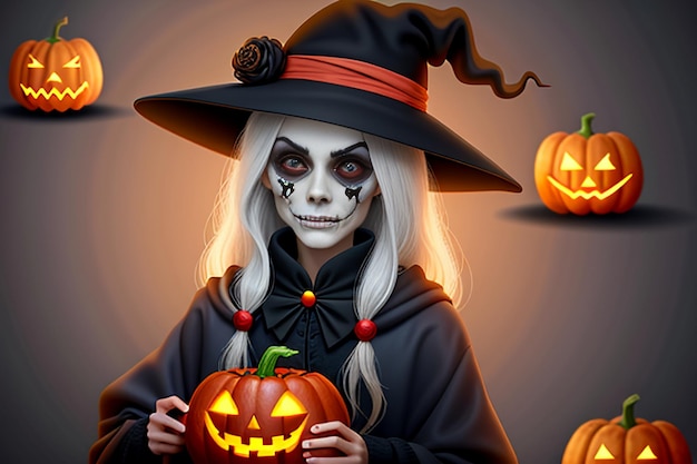 Chica de Halloween dando regalo de Halloween Evento Fondo de pantalla de promoción Ilustración de fondo