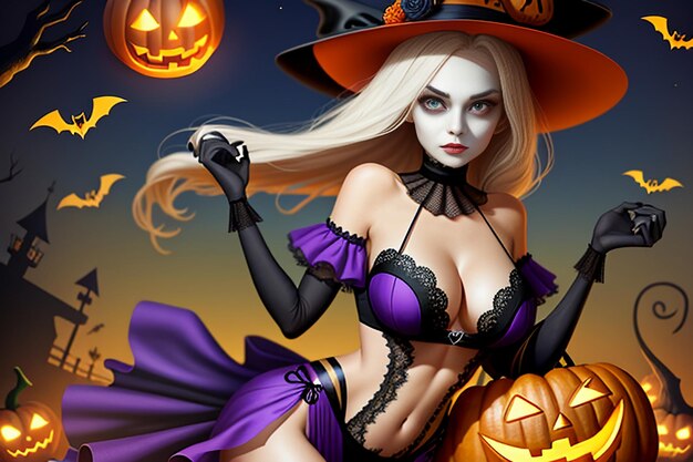 Foto chica de halloween dando regalo de halloween evento fondo de pantalla de promoción ilustración de fondo