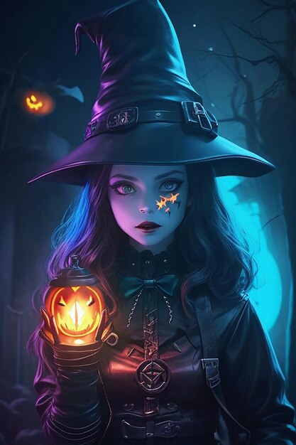 Una chica de Halloween con una luz misteriosa que ilumina la noche oscura su largo cuero lleno de b