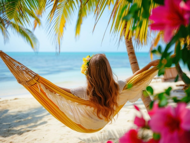 una chica en una hamaca en la playa por la mañana palmeras flores tropicales colores vibrantes