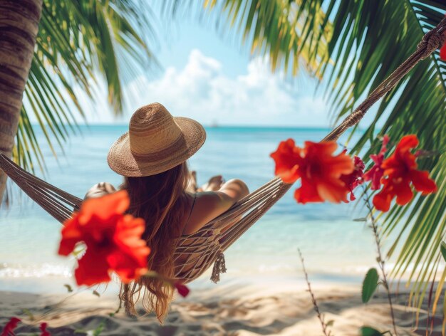 Foto una chica en una hamaca en la playa por la mañana palmeras flores tropicales colores vibrantes