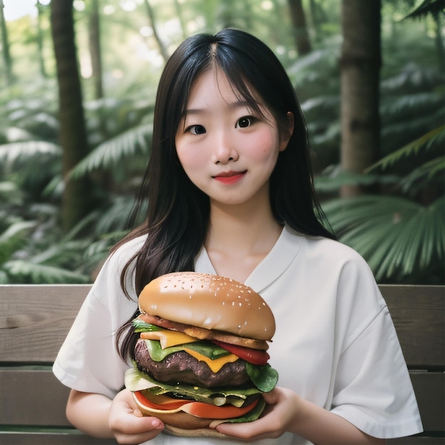 Chica con hamburguesa foto realista AI generativa