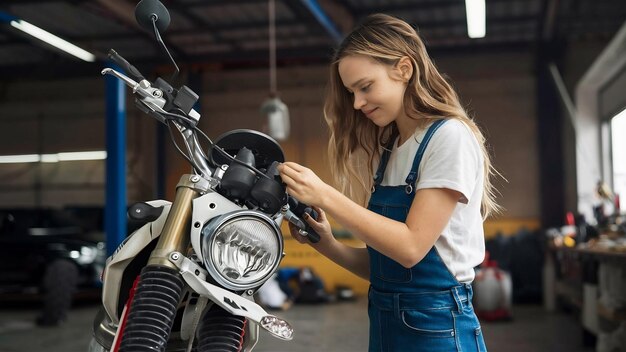 Una chica hermosa con el cabello largo en el garaje reparando una motocicleta