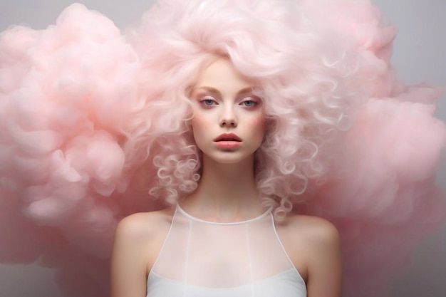 Una chica hermosa con el cabello rosado y esponjoso entre las nubes entre el algodón de azúcar rosado