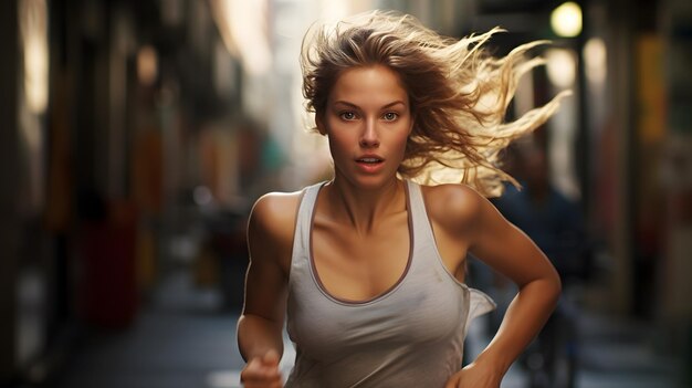 Foto una chica hermosa corriendo por las calles de la gran ciudad al estilo de la calle